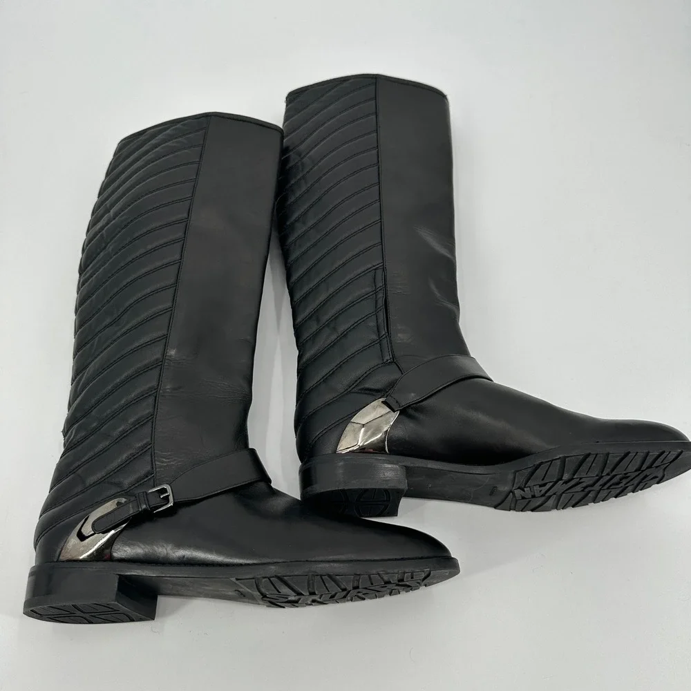 Stuart Weitzman Black Leather Knee High‎ Boots Raceway Quilted Side Buckle 6.5 M